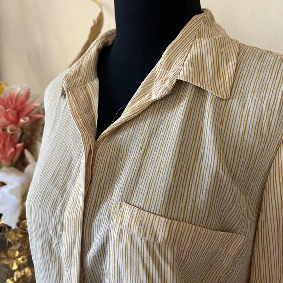 Yellow & White Striped Hidden Button Semi-Sheer Long Sleeve Career Blouse L - Picture 3 of 12